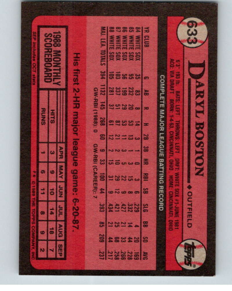 1989 Topps Baseball #633 Daryl Boston Chicago White Sox Image 2
