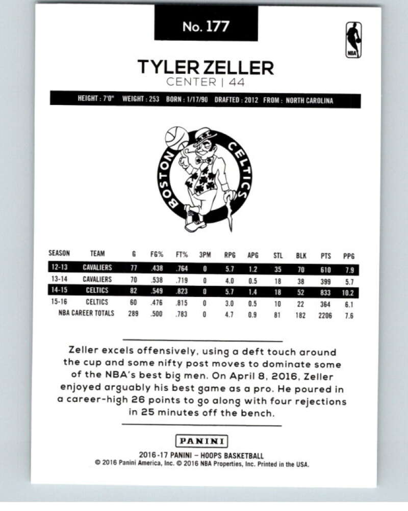 2016-17 Panini Hoops #177 Tyler Zeller Boston Celtics V87719 Image 2