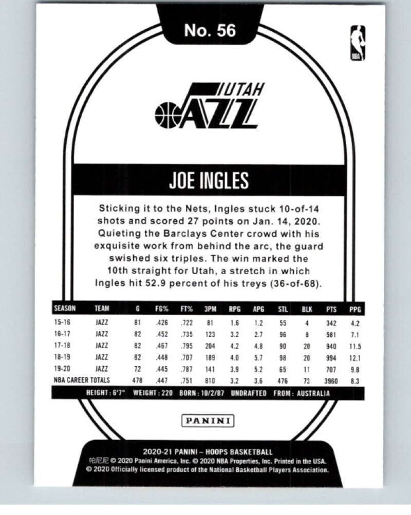 2020-21 Panini Hopps Gold #56 Joe Ingles Utah Jazz V88232 Image 2
