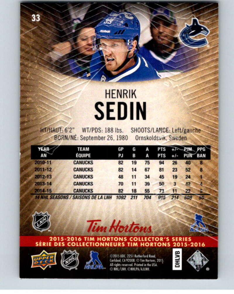 2015-16 Upper Deck Tim Hortons #33 Henrik Sedin Vancouver Canucks Image 2