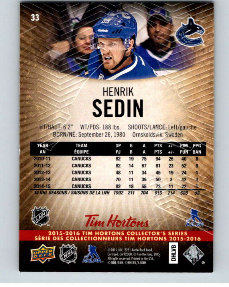 2015-16 Upper Deck Tim Hortons #33 Henrik Sedin  Vancouver Canucks  Image 2