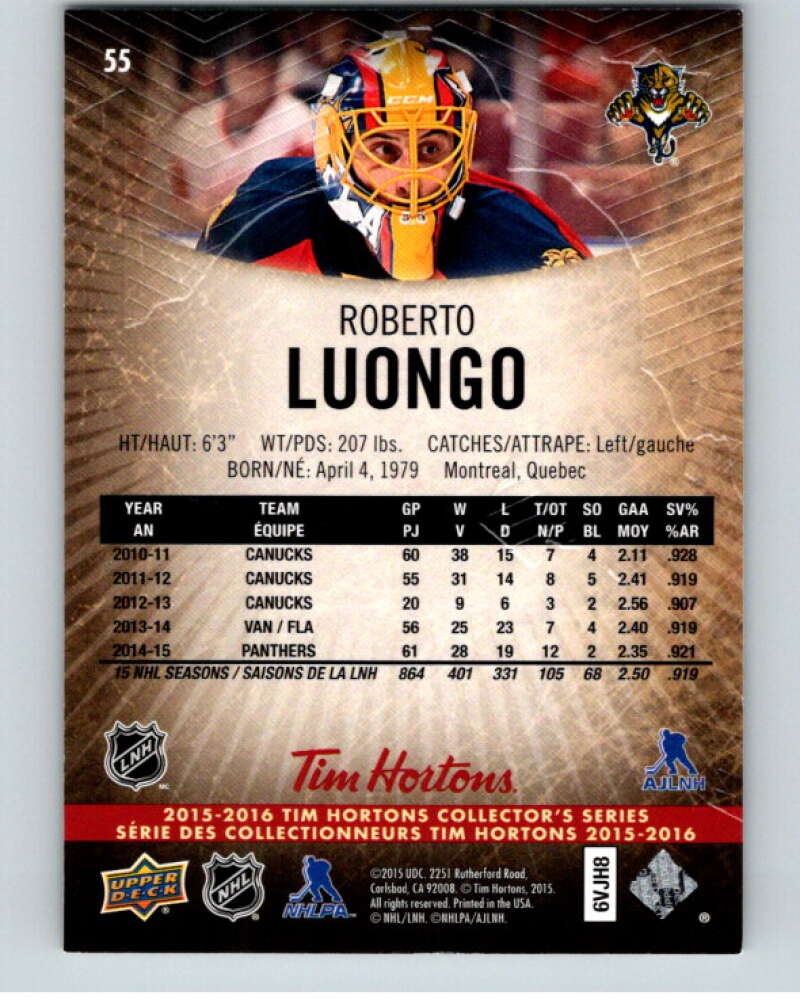 2015-16 Upper Deck Tim Hortons #55 Roberto Luongo  Florida Panthers  Image 2