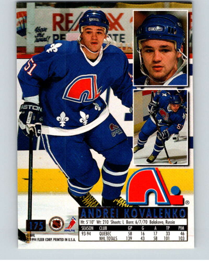 1994-95 Fleer Ultra #175 Andrei Kovalenko Quebec Nordiques V90320 Image 2