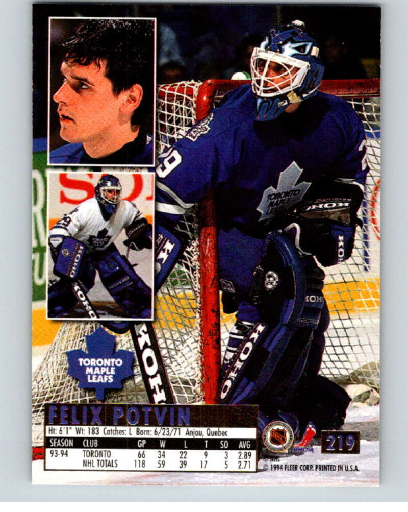 1994-95 Fleer Ultra #219 Felix Potvin Toronto Maple Leafs V90364 Image 2