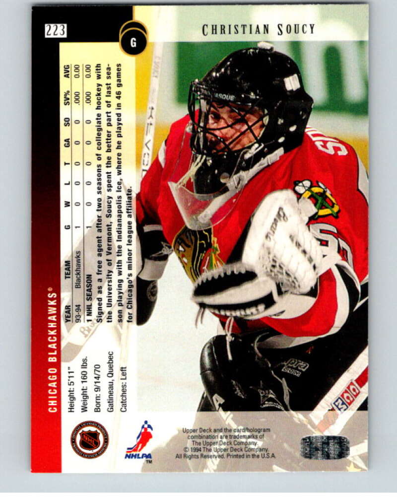 1994-95 Upper Deck #223 Christian Soucy RC Rookie Chicago Blackhawks V90618 Image 2