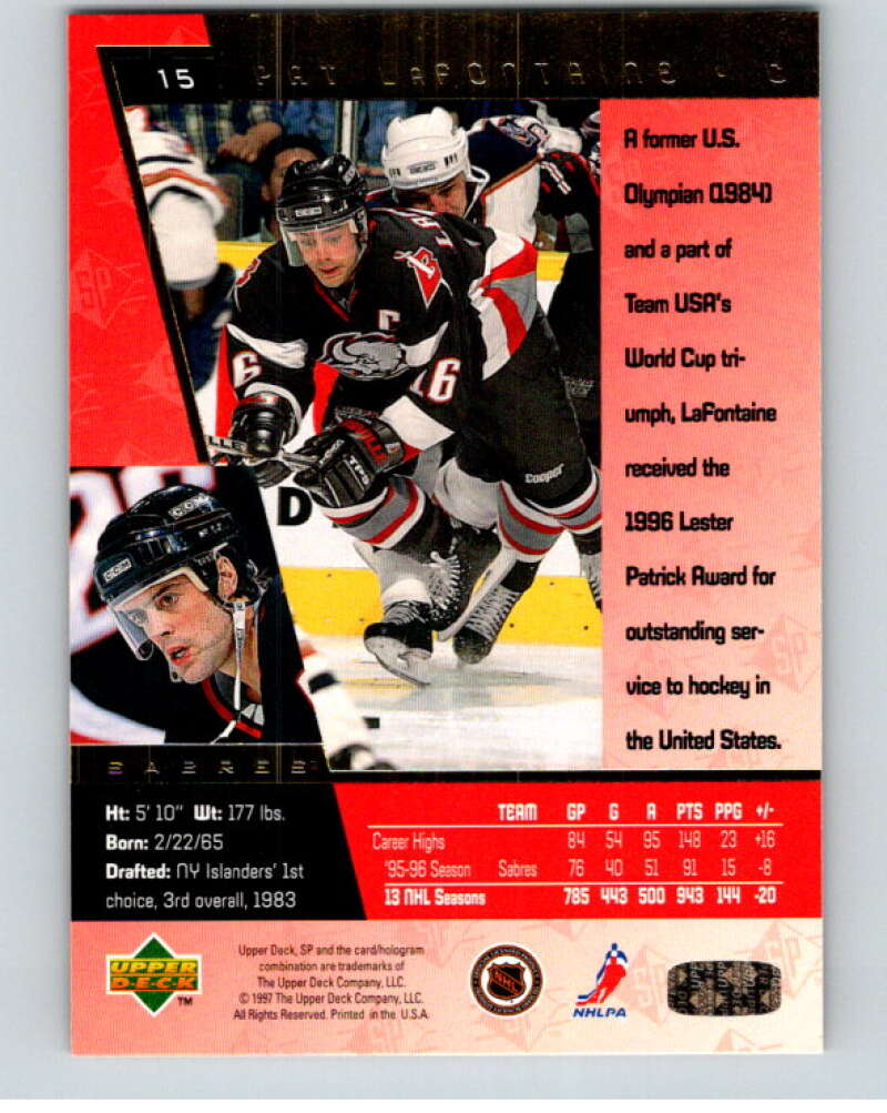 1996-97 SP Hockey #15 Pat LaFontaine Buffalo Sabres V90955 Image 2