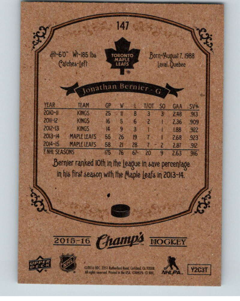 2015-16 Upper Deck Champs #147 Jonathan Bernier Toronto Maple Leafs V94690 Image 2