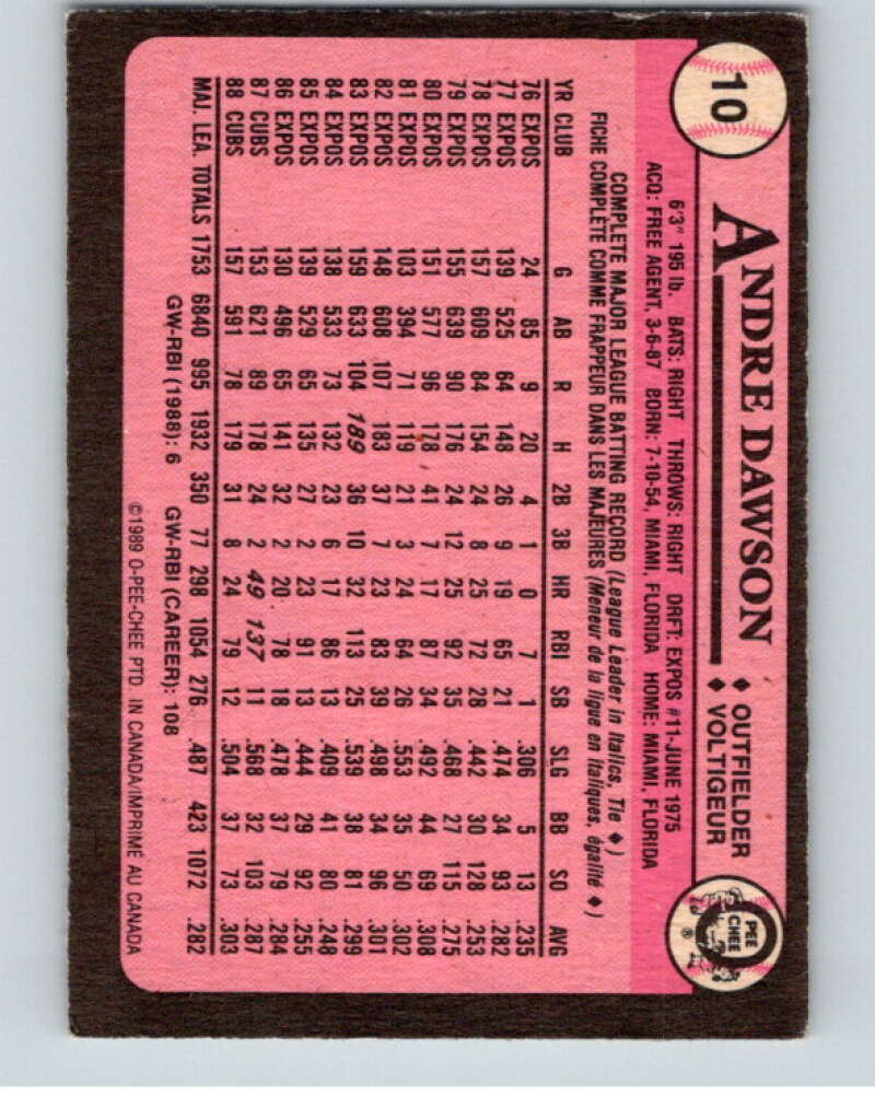 1989 O-Pee-Chee Baseball #10 Andre Dawson Chicago Cubs V95297 Image 2