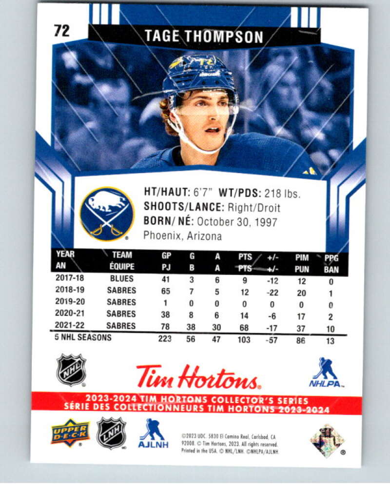 2023-24 Upper Deck Tim Hortons #72 Tage Thompson  Buffalo Sabres  Image 2