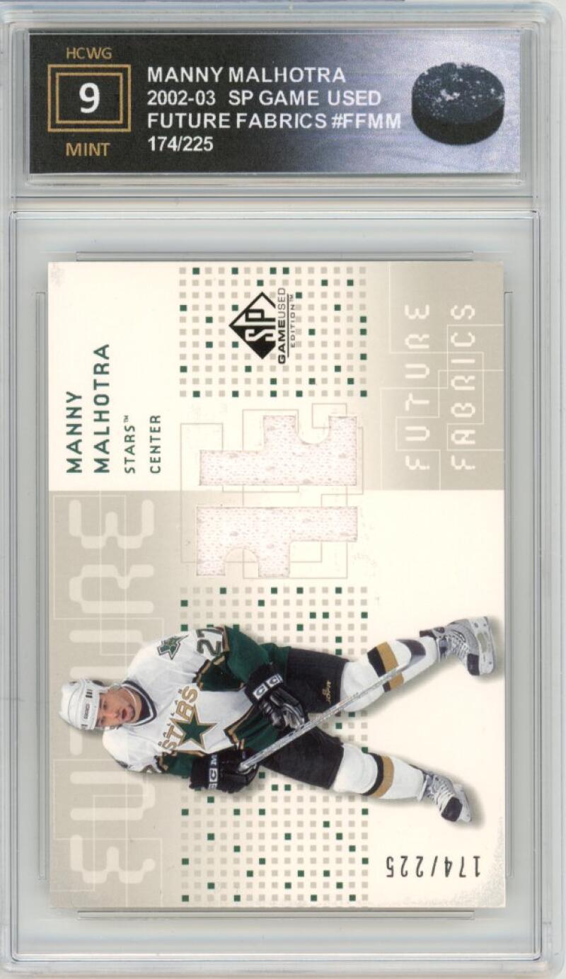 2002-03 SP Game Used Future Fabrics Manny Malhotra Graded Mint HCWG 9 Image 1