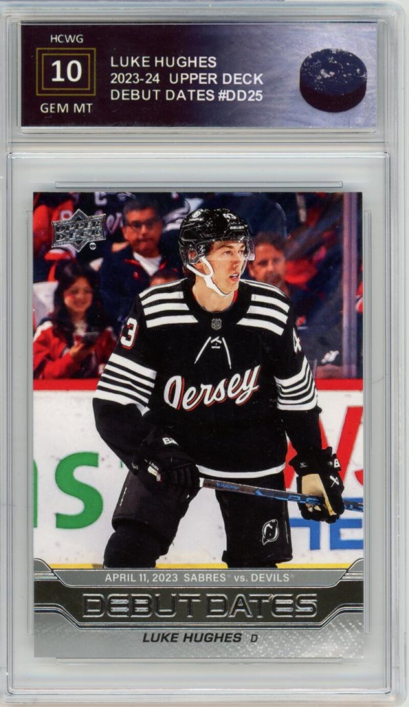 2023-24 Upper Deck Debut Dates #DD25 Luke Hughes RC Graded Gem Mt HCWG 10 Image 1