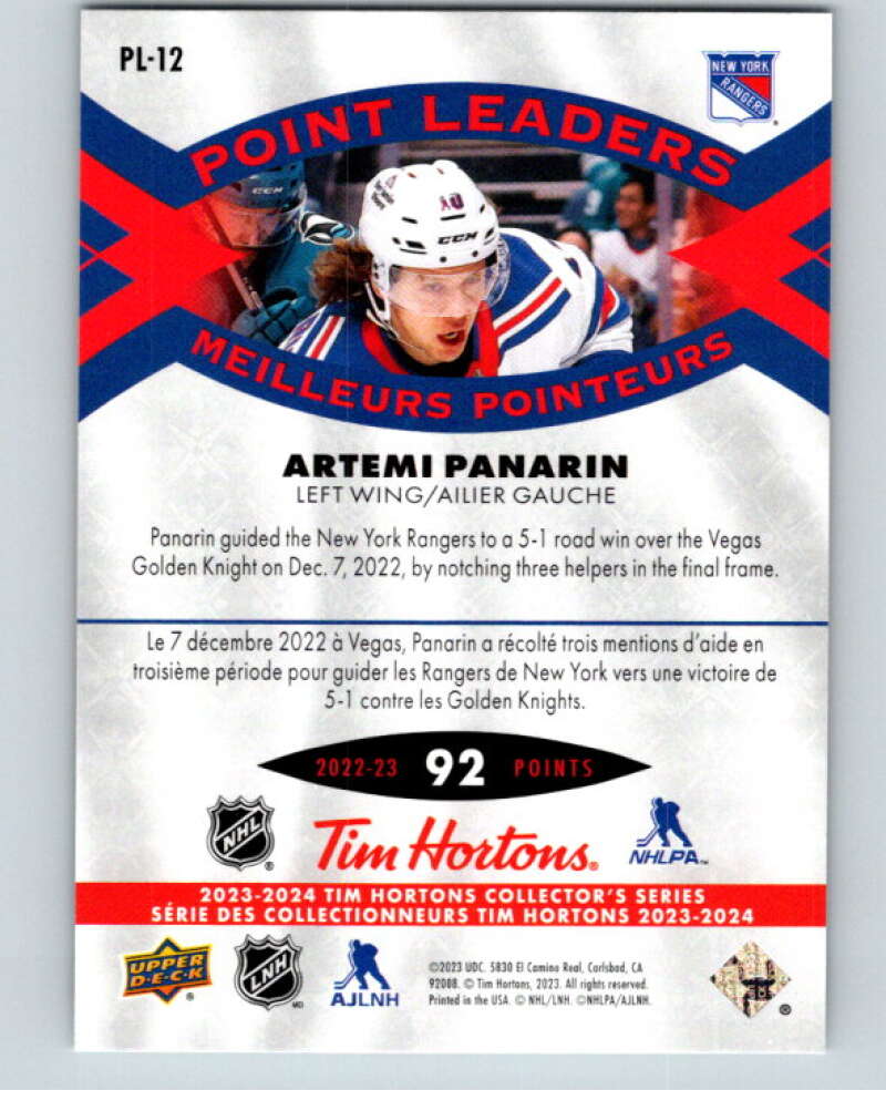 2023-24 UD Tim Hortons Point Leaders #PL-12 Artemi Panarin Rangers V96262 Image 2