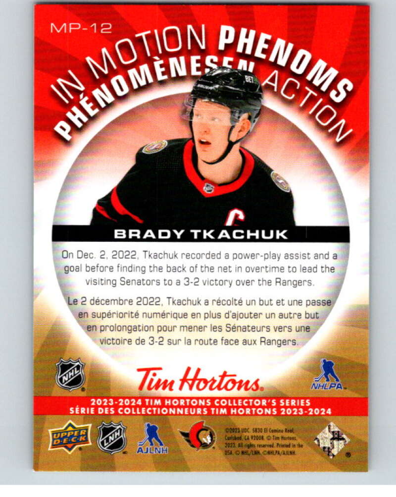 2023-24 UD Tim Hortons In Motion Phenoms #MP-12 Brady Tkachuk Ottawa V96282 Image 2