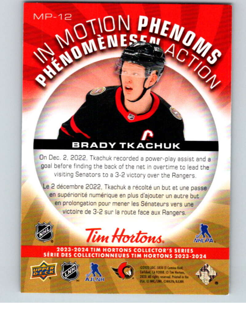 2023-24 UD Tim Hortons In Motion Phenoms #MP-12 Brady Tkachuk Ottawa V96283 Image 2