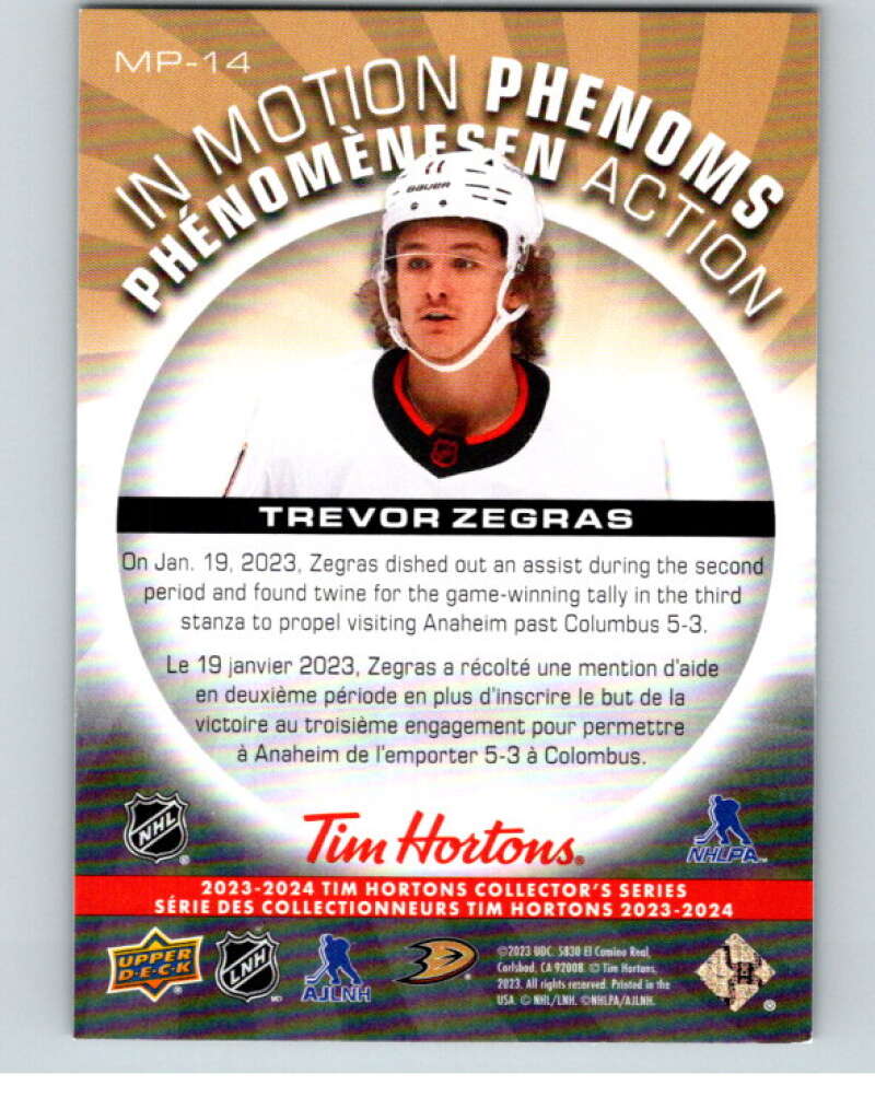 2023-24 UD Tim Hortons In Motion Phenoms #MP-14 Trevor Zegras Ducks V96287 Image 2