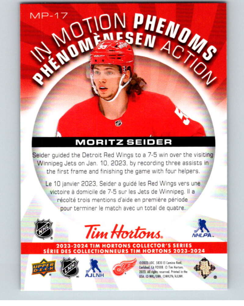 2023-24 UD Tim Hortons In Motion Phenoms #MP-17 Moritz Seider Detroit V96290 Image 2