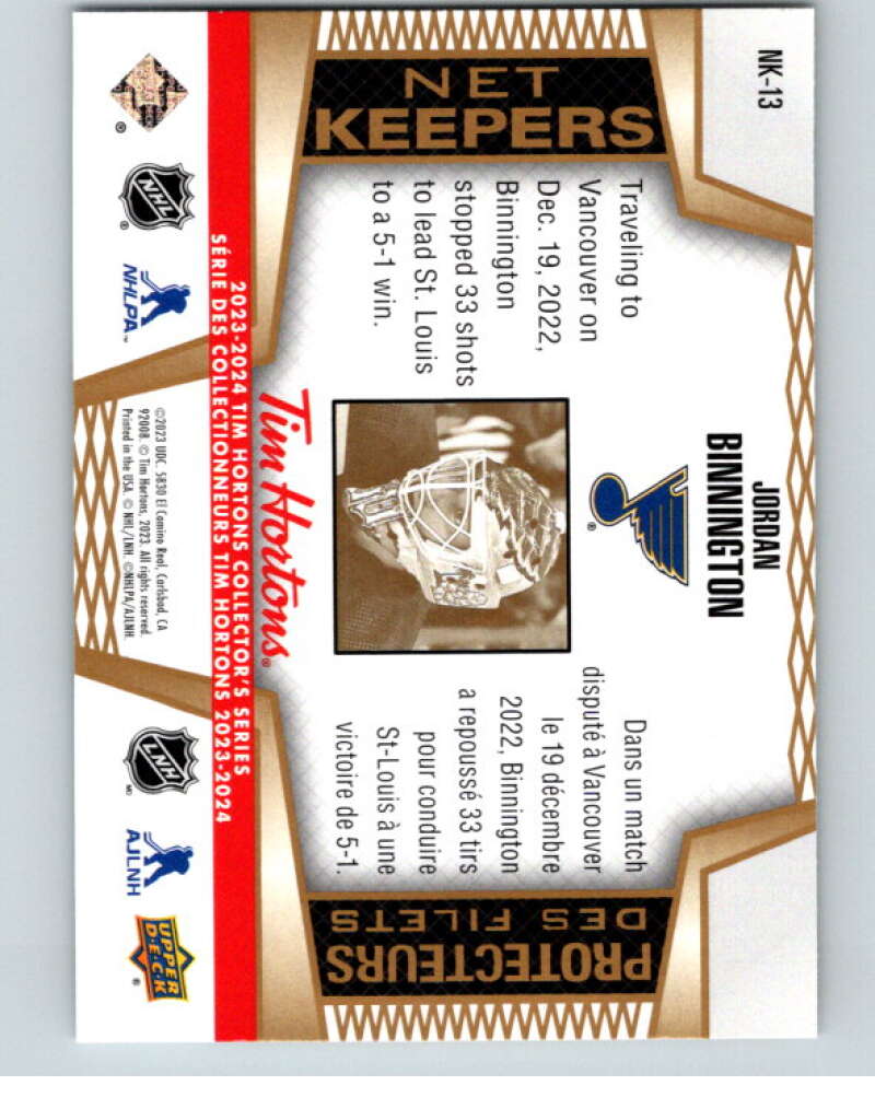 2023-24 UD Tim Hortons Net Keepers #NK-13 Jordan Binnington Blues V96306 Image 2