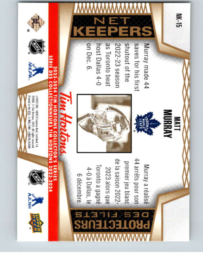 2023-24 UD Tim Hortons Net Keepers #NK-15 Matt Murray Maple Leafs V96311 Image 2