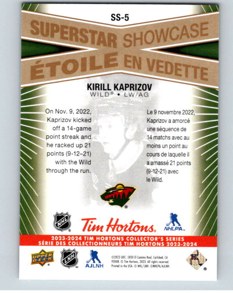 2023-24 UD Tim Hortons Superstar Showcase #SS-5 Kirill Kaprizov Wild V96330 Image 2