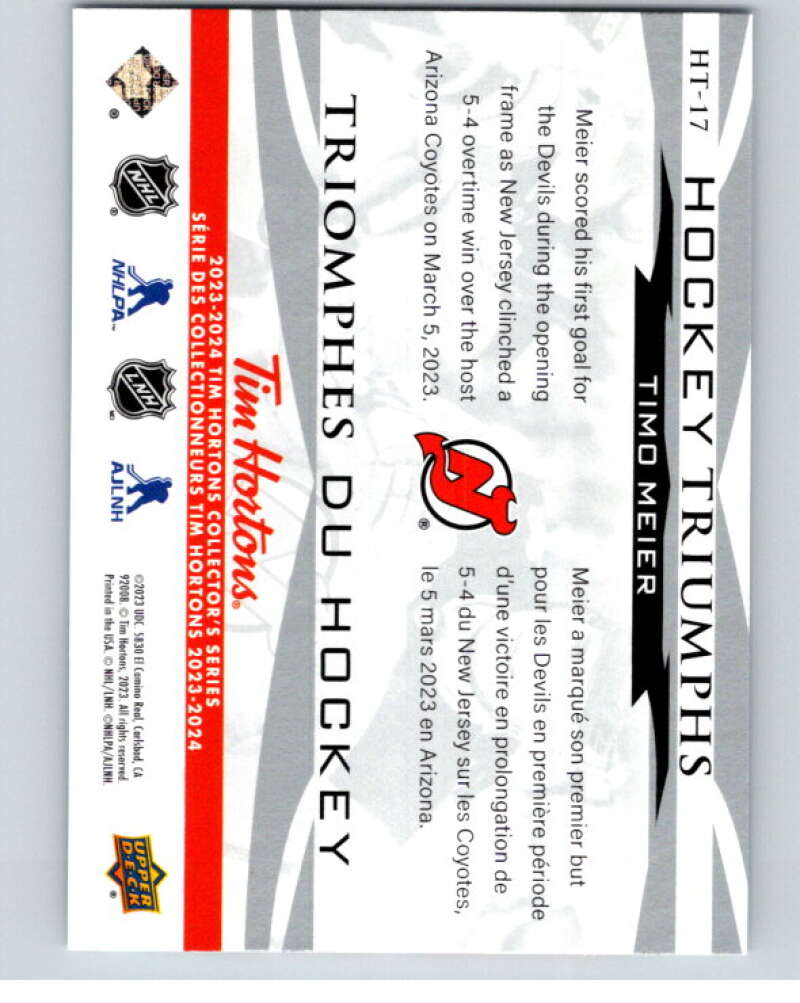 2023-24 UD Tim Hortons Hockey Triumphs #HT-17 Timo Meier Devils V96408 Image 2