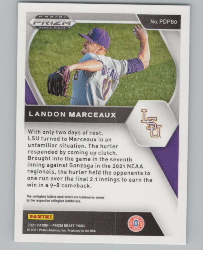 2021 Panini Prizm Draft Picks Baseball #80 Landon Marceaux LSU Tigers V97276 Image 2