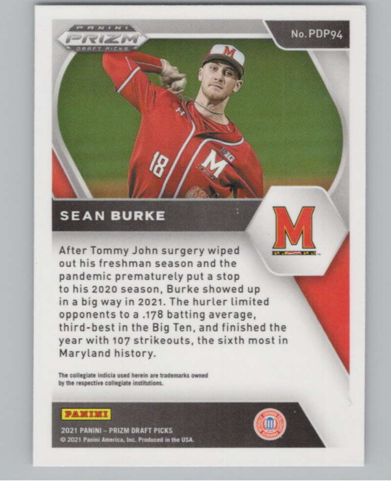 2021 Panini Prizm Draft Picks Baseball #94 Sean Burke Maryland Terrapins V97277 Image 2