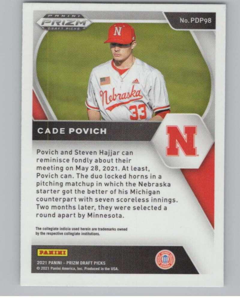 2021 Panini Prizm Draft Picks Baseball #98 Cade Povich Nebraska V97278 Image 2