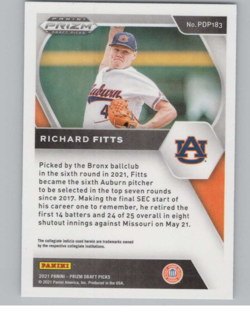 2021 Panini Prizm Draft Picks Baseball #183 Richard Fitts Auburn Tigers V97292 Image 2
