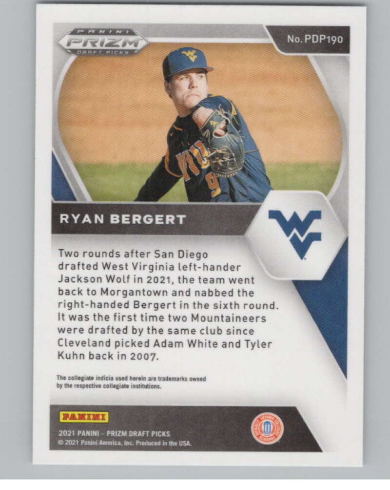2021 Panini Prizm Draft Picks Baseball #190 Ryan Bergert West Virginia V97293 Image 2