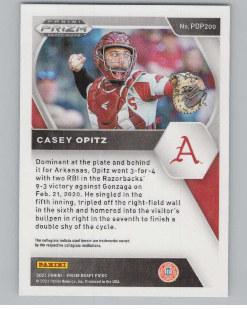 2021 Panini Prizm Draft Picks Baseball #200 Casey Opitz Arkansas V97295 Image 2