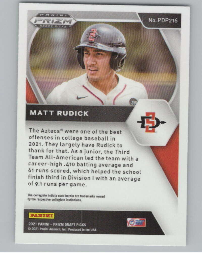 2021 Panini Prizm Draft Picks Baseball #216 Matt Rudick San Diego V97298 Image 2