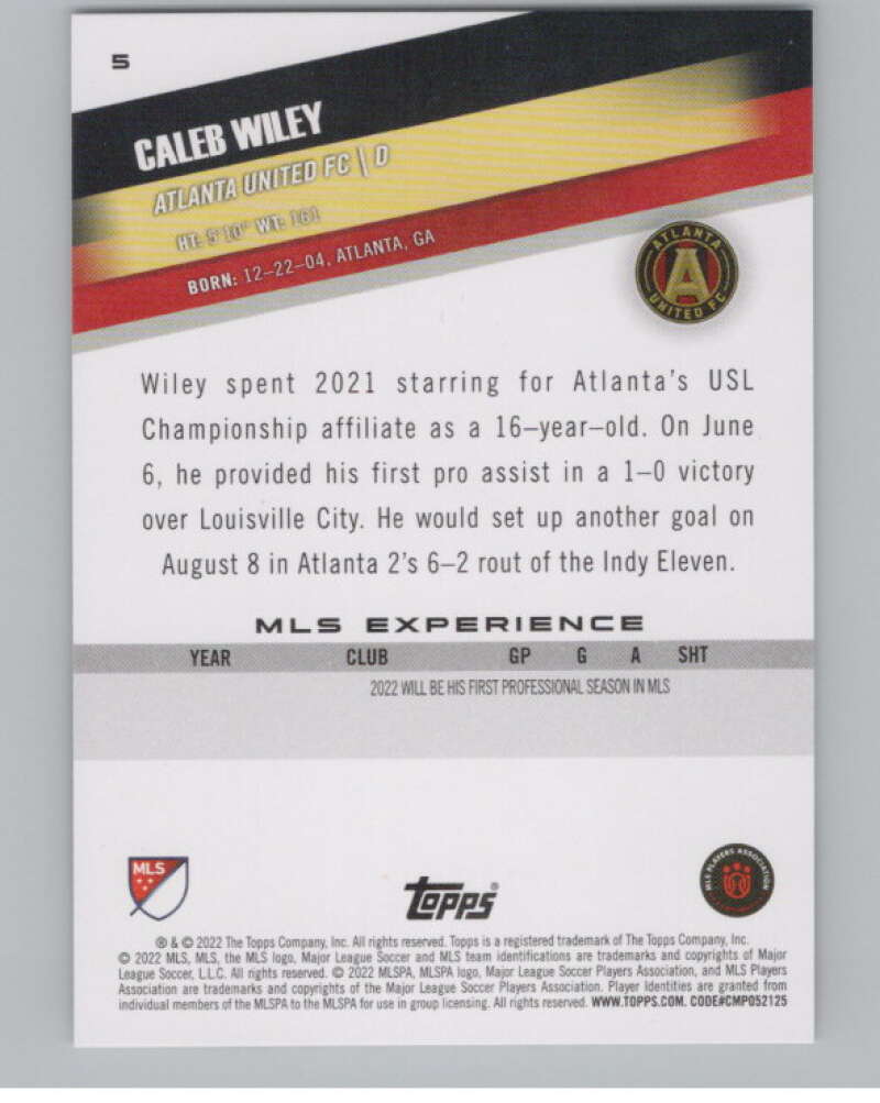 2022 Topps MLS Soccer #5 Caleb Wiley RC Rookie Atlanta United FC V97493 Image 2