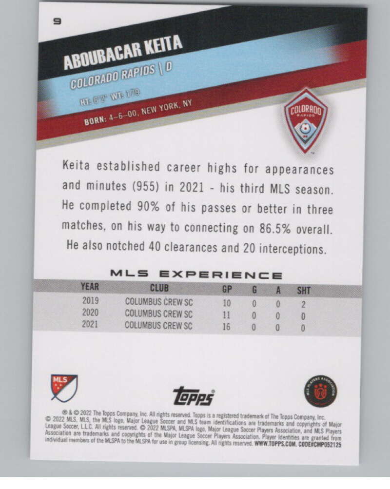 2022 Topps MLS Soccer #9 Aboubacar Keita Colorado Rapids V97502 Image 2
