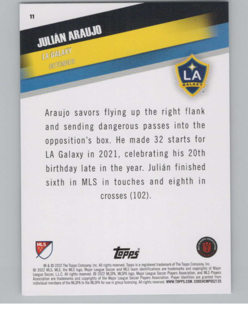 2022 Topps MLS Soccer #11 Julian Araujo Los Angeles Galaxy V97508 Image 2