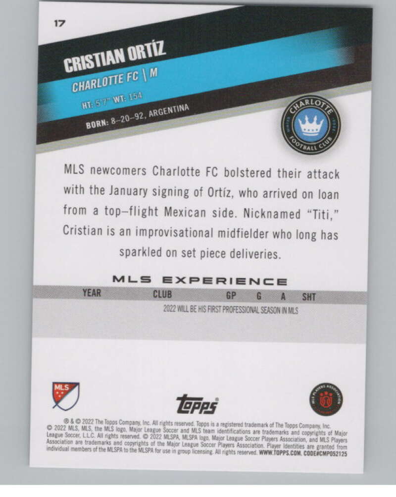 2022 Topps MLS Soccer #17 Cristian Ortiz Charlotte FC V97522 Image 2