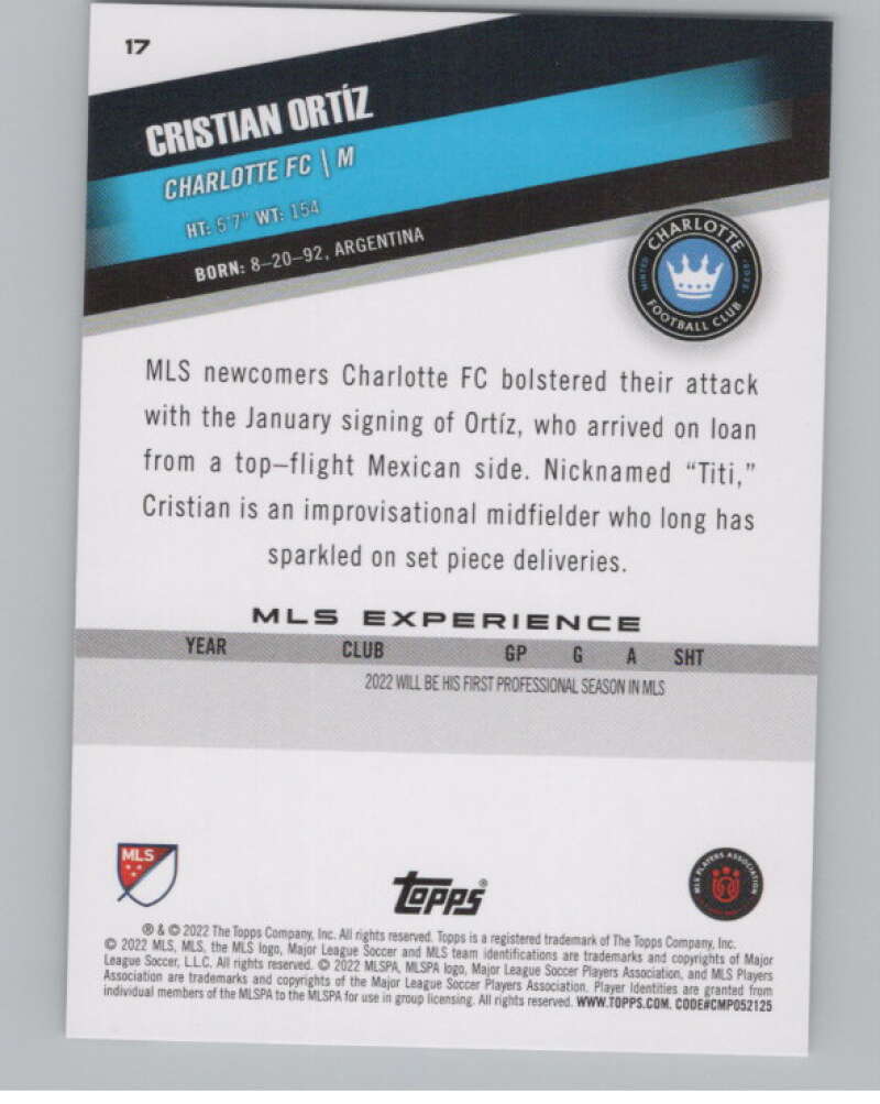 2022 Topps MLS Soccer #17 Cristian Ortiz Charlotte FC V97523 Image 2