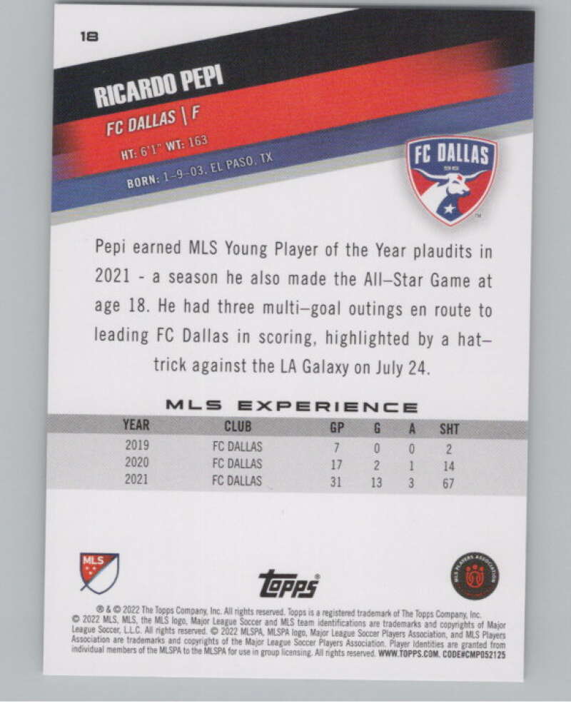 2022 Topps MLS Soccer #18 Ricardo Pepi FC Dallas V97524 Image 2