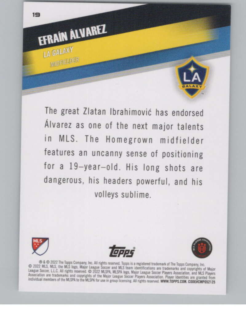 2022 Topps MLS Soccer #19 Efrain Alvarez Los Angeles Galaxy V97526 Image 2