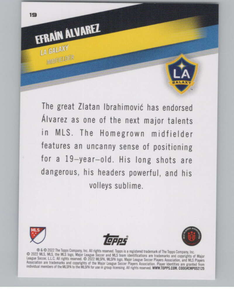 2022 Topps MLS Soccer #19 Efrain Alvarez Los Angeles Galaxy V97527 Image 2