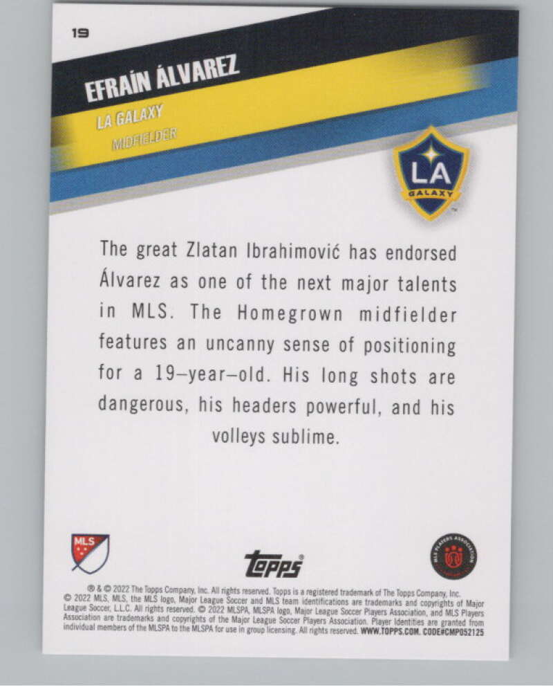2022 Topps MLS Soccer #19 Efrain Alvarez Los Angeles Galaxy V97528 Image 2