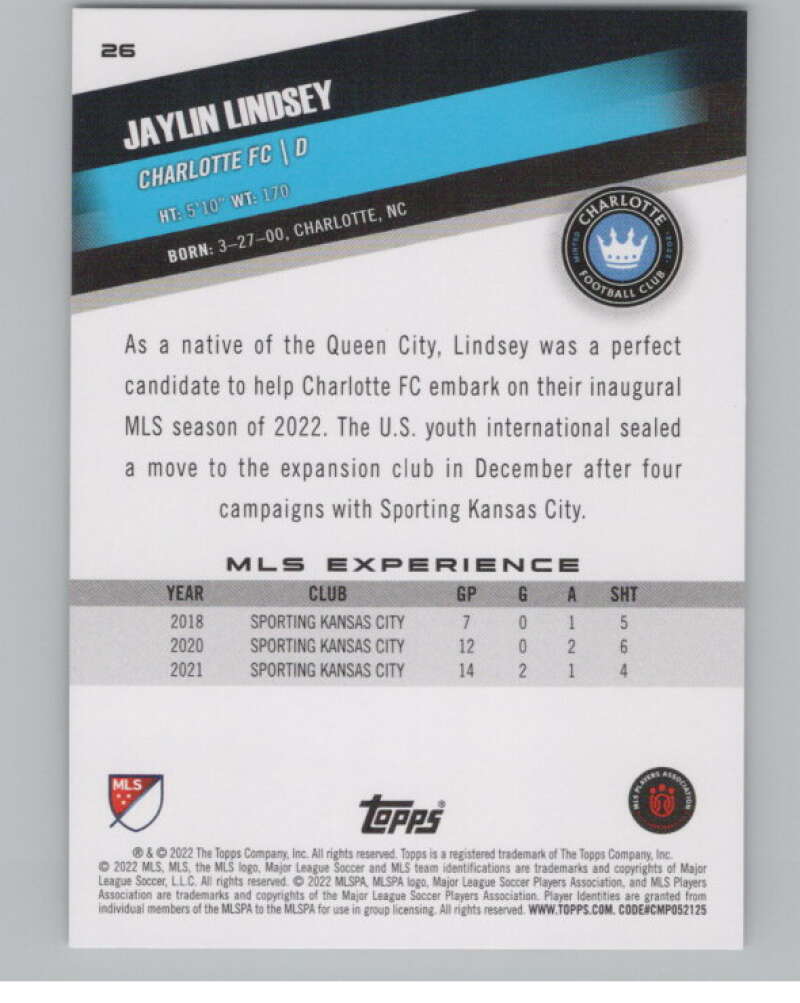 2022 Topps MLS Soccer #26 Jaylin Lindsey Charlotte FC V97543 Image 2