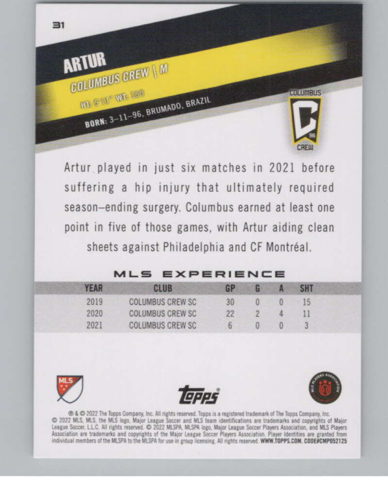 2022 Topps MLS Soccer #31 Artur Columbus Crew V97554 Image 2