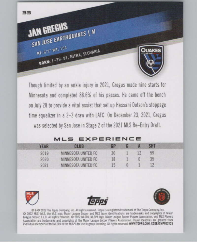 2022 Topps MLS Soccer #33 Jan Gregus San Jose Earthquakes V97559 Image 2