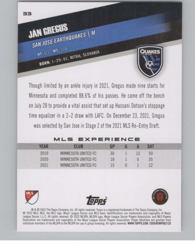 2022 Topps MLS Soccer #33 Jan Gregus San Jose Earthquakes V97560 Image 2