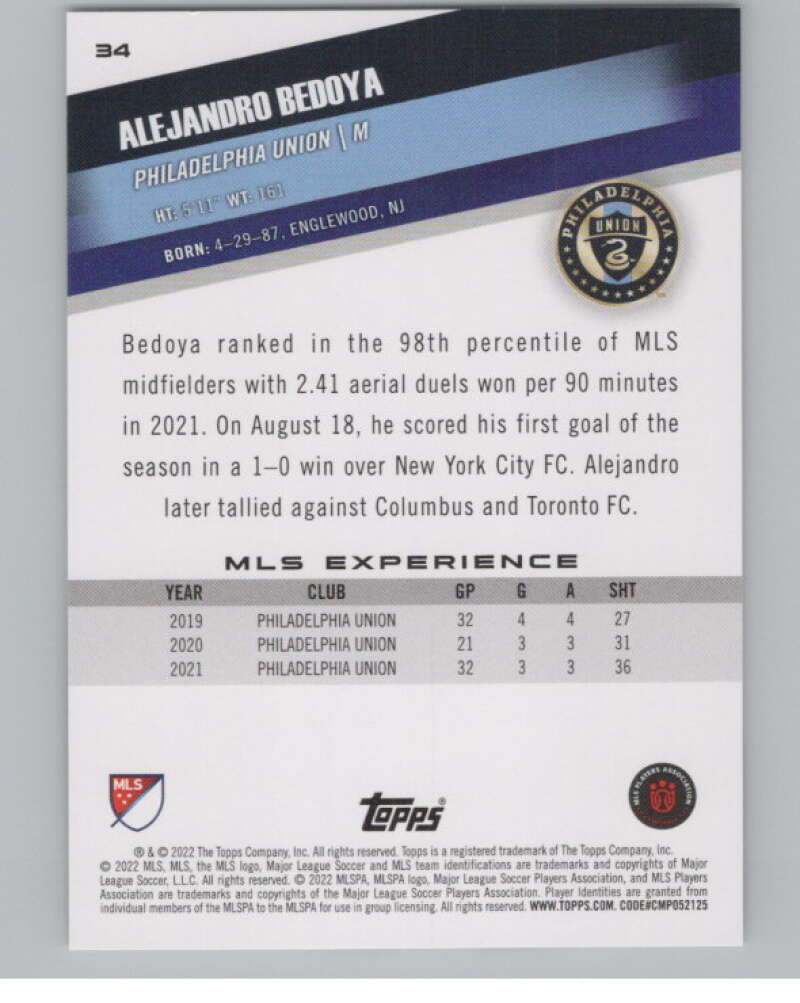 2022 Topps MLS Soccer #34 Alejandro Bedoya Philadelphia Union V97562 Image 2