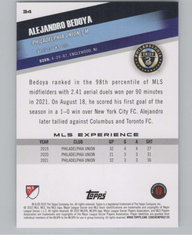 2022 Topps MLS Soccer #34 Alejandro Bedoya Philadelphia Union V97563 Image 2