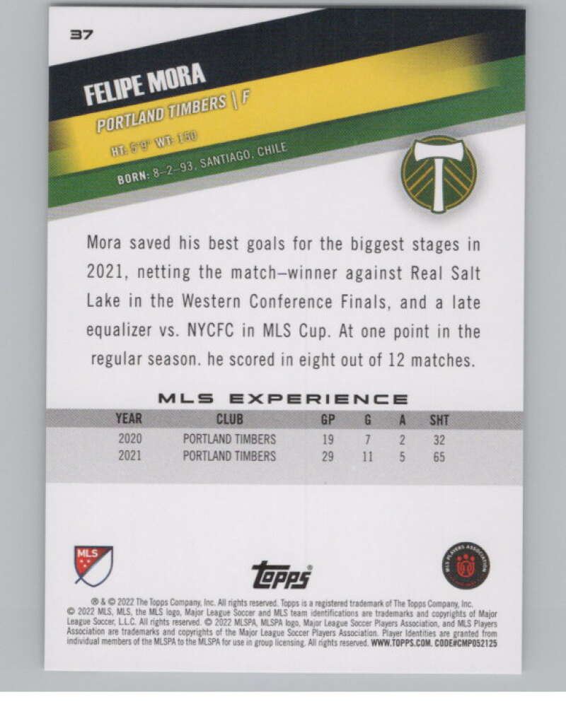 2022 Topps MLS Soccer #37 Felipe Mora Portland Timbers V97570 Image 2