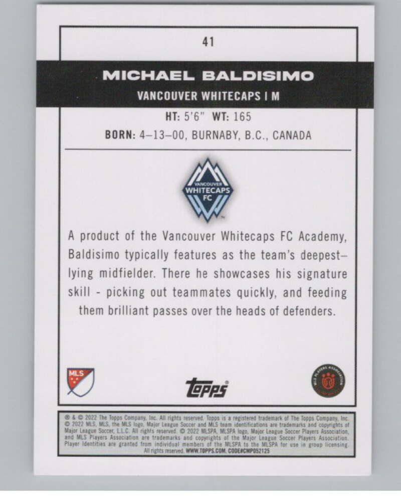 2022 Topps MLS Soccer #41 Michael Baldisimo RC Rookie Vancouver V97578 Image 2