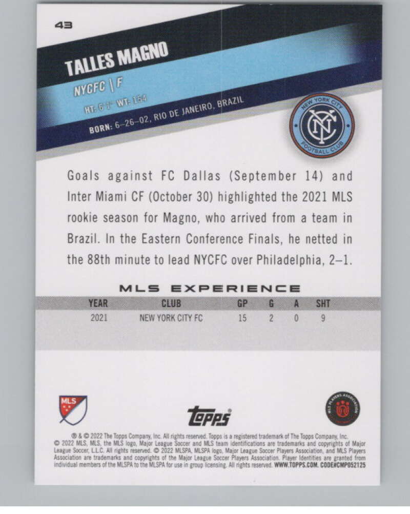 2022 Topps MLS Soccer #43 Talles Magno RC Rookie New York City FC V97582 Image 2