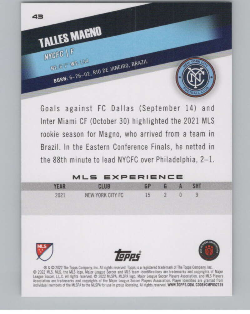 2022 Topps MLS Soccer #43 Talles Magno RC Rookie New York City FC V97583 Image 2